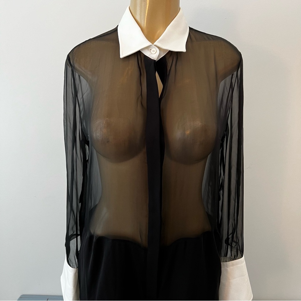 New Valentino Jumpsuit Sz 8 Sheer Tuxedo Silk Long Sleeves - Picture 3 of 10